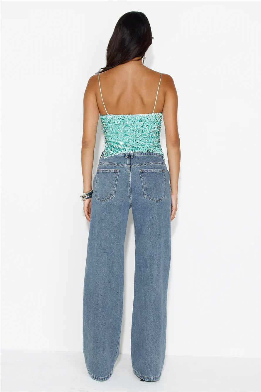 Sparkling Diamond Sequin Crop Top Mint