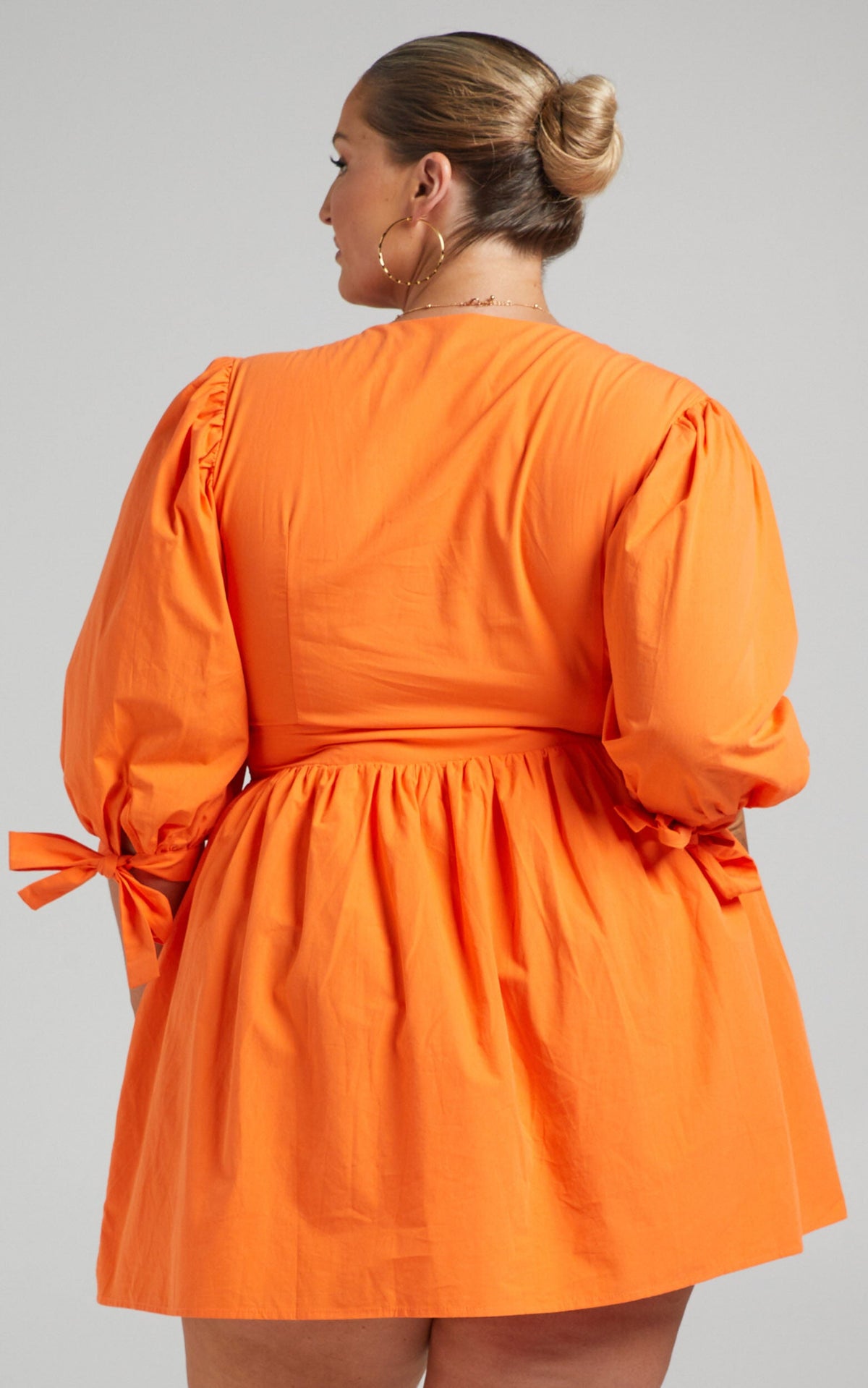 Zandra Mini Dress - Puff Sleeve Poplin Dress in Orange