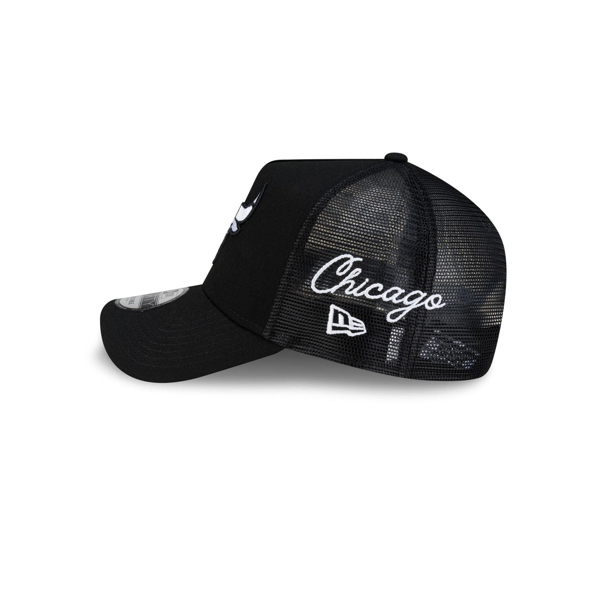 Chicago Bulls Side Script Black 9FORTY A-Frame Trucker Hat