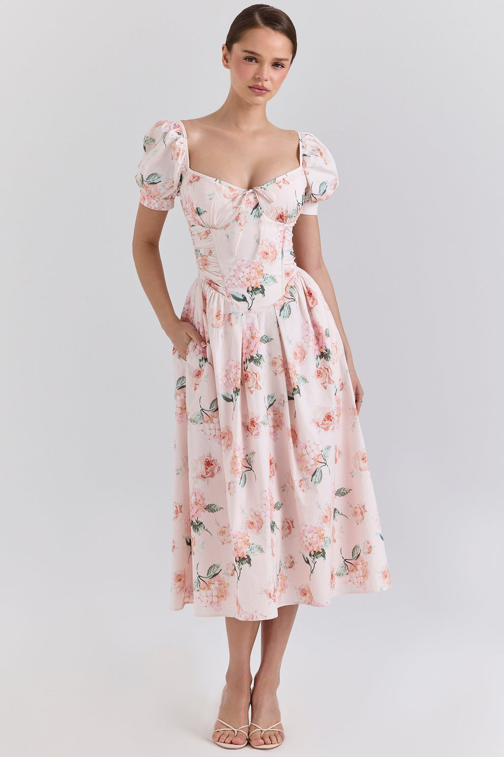 Peach Floral Cotton Puff Sleeve Midi Dress