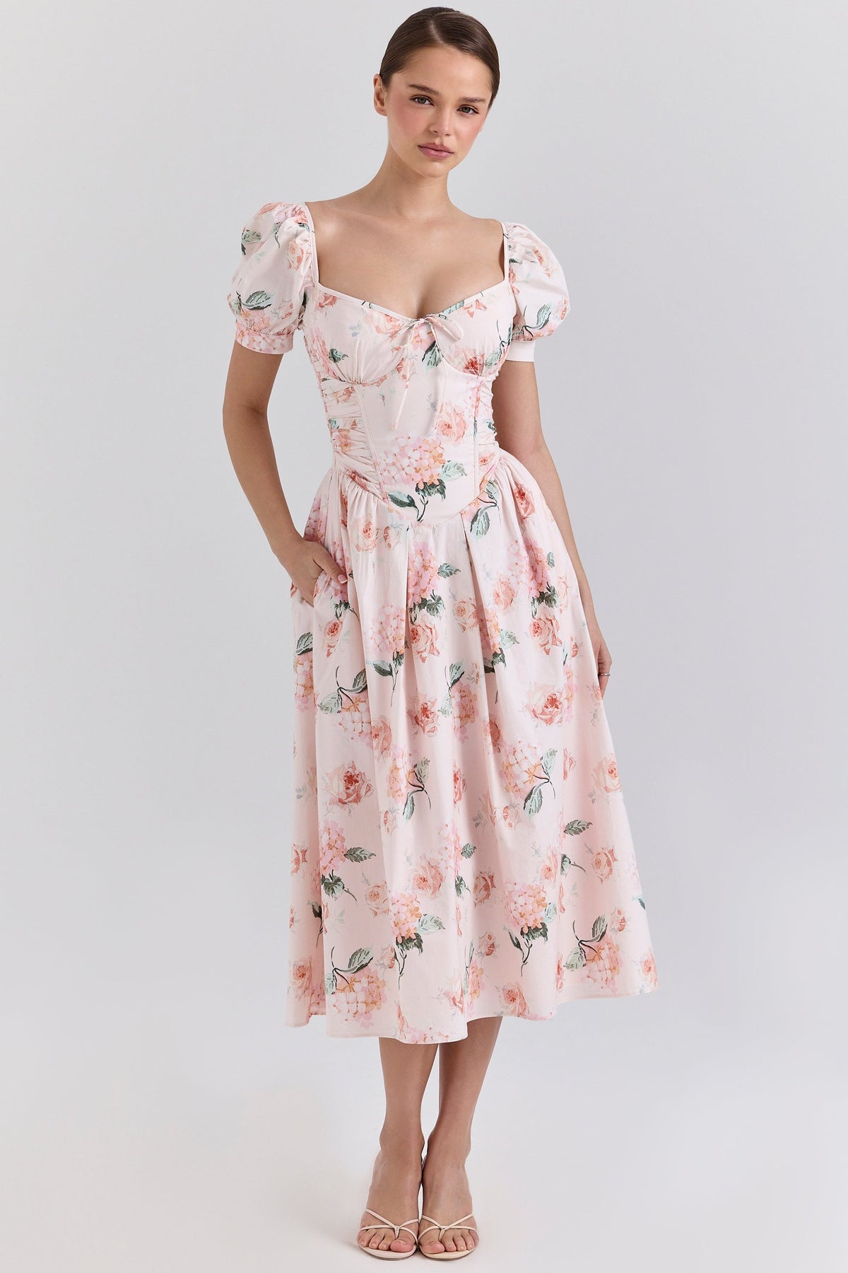 Peach Floral Cotton Puff Sleeve Midi Dress