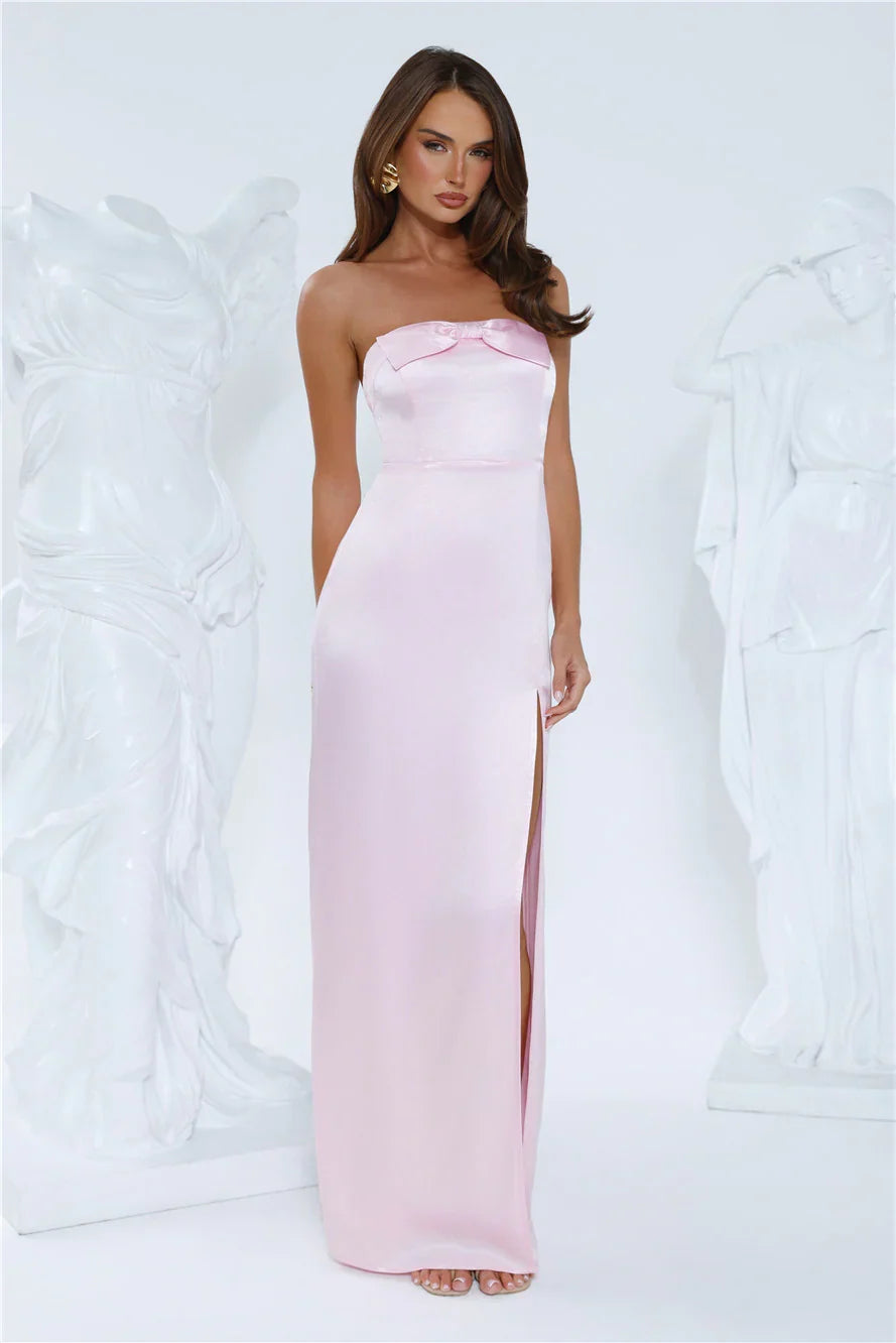 Sleek Aura Strapless Satin Maxi Dress Pink