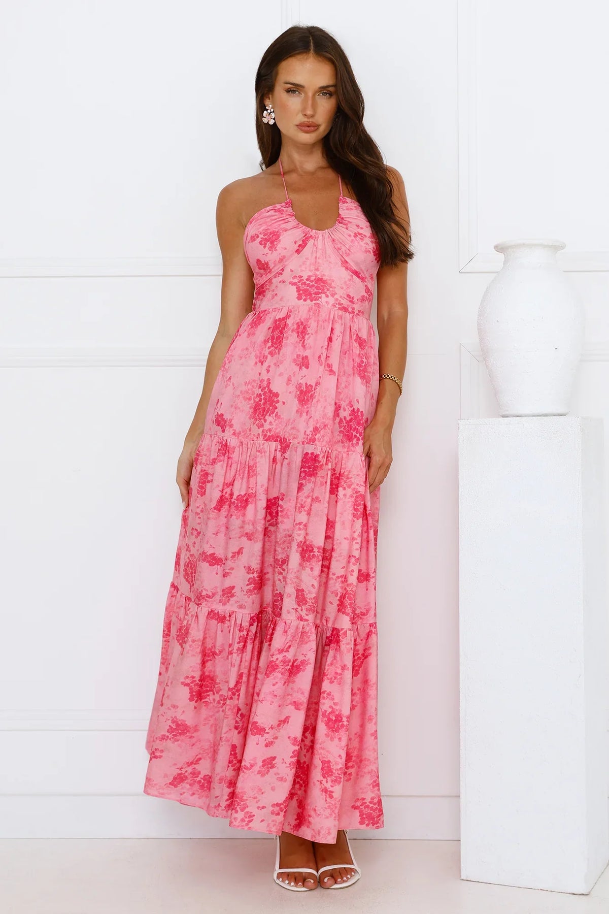 Silken Sunshine Halter Maxi Dress Pink