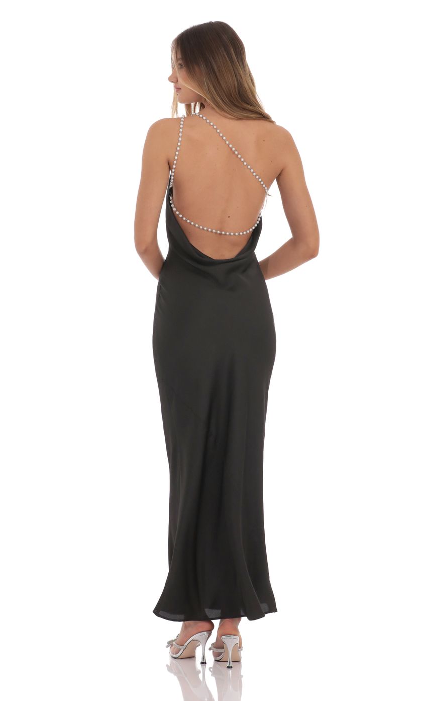 One Shoulder Pearl Satin Maxi Dress in Black