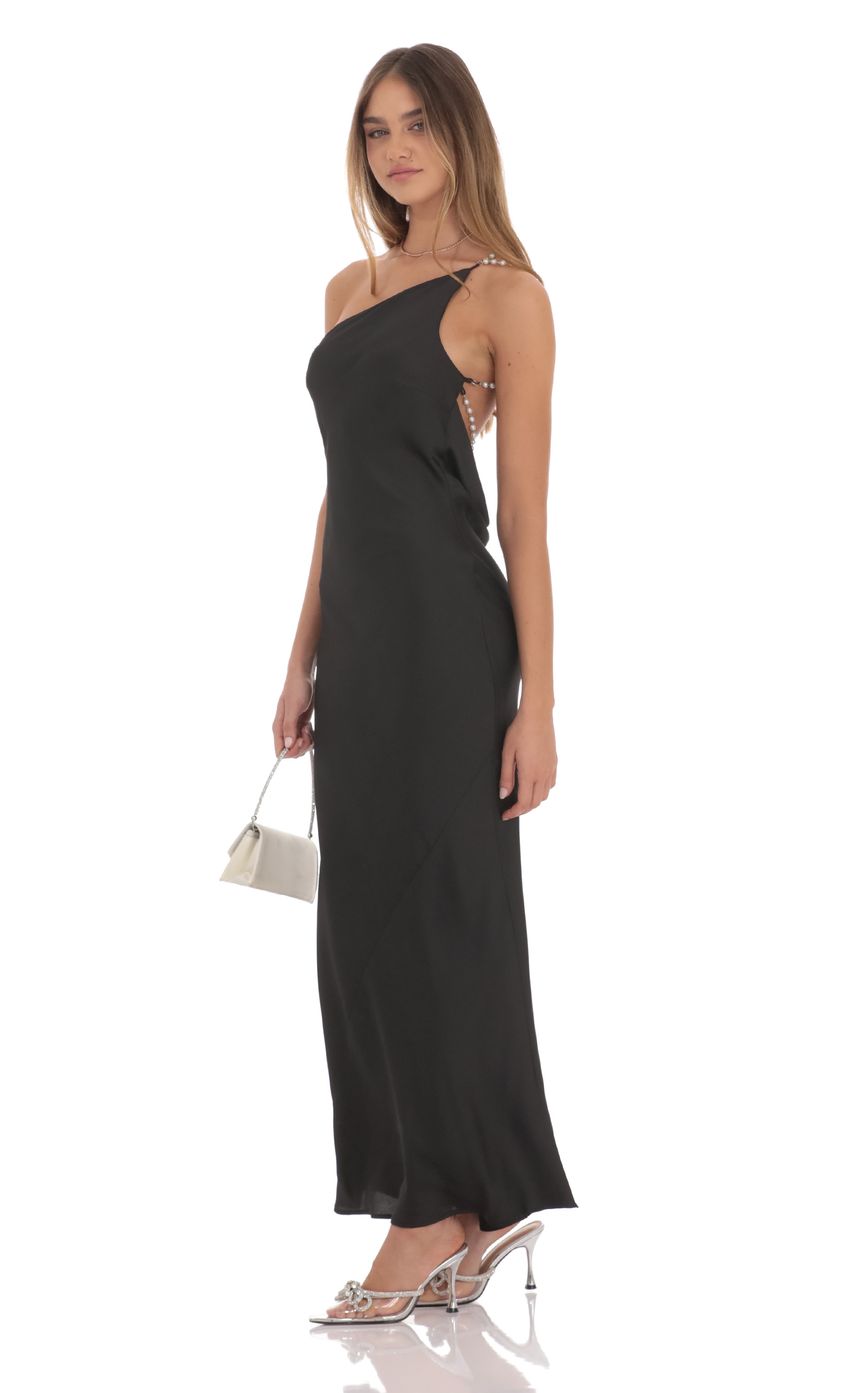 One Shoulder Pearl Satin Maxi Dress in Black