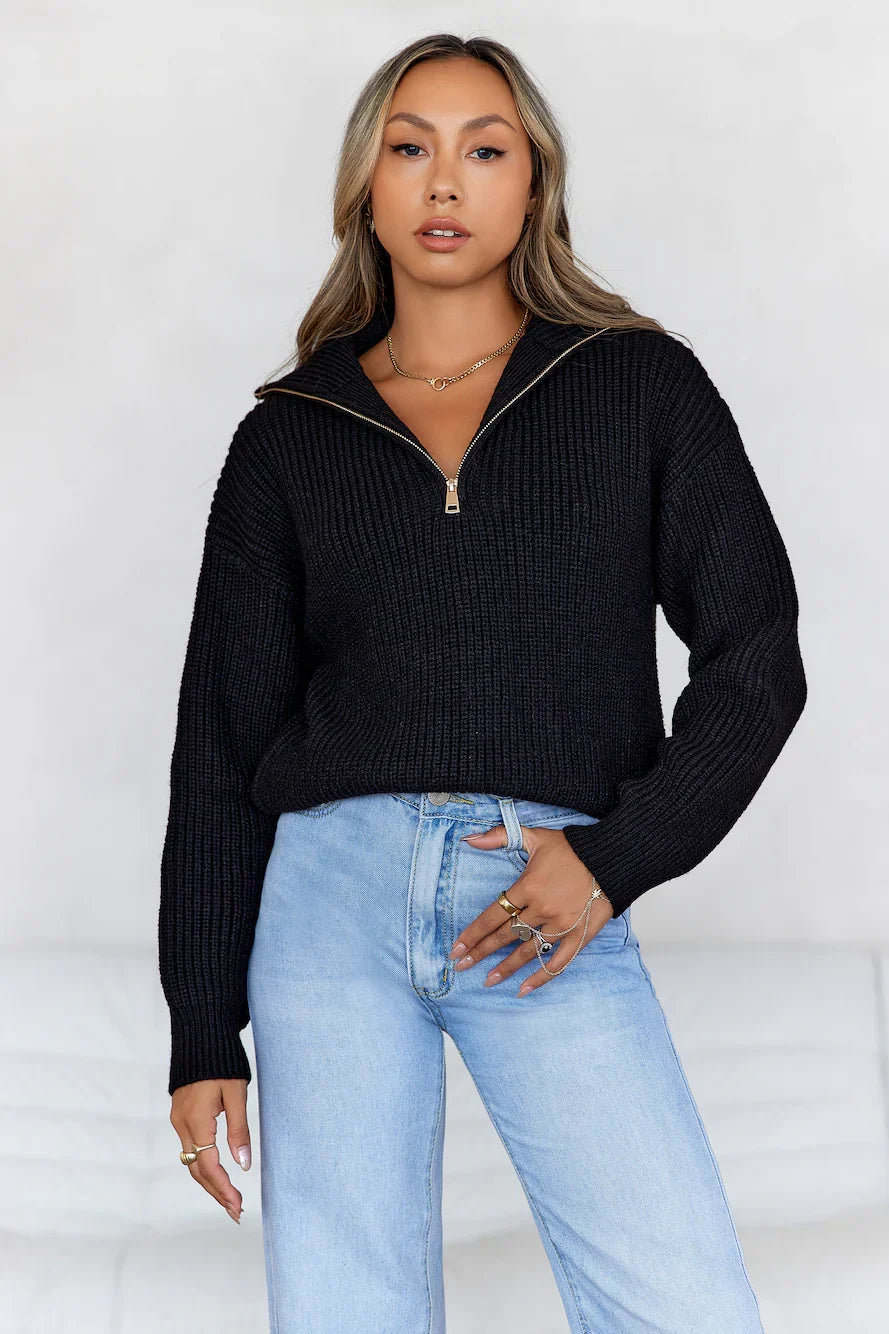 Snowfall Knitted Half Zip Sweater Black