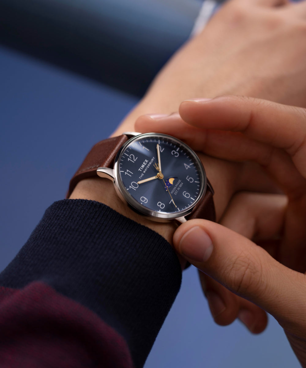 Waterbury Classic Moon Phase 40mm Leather Strap Watch
