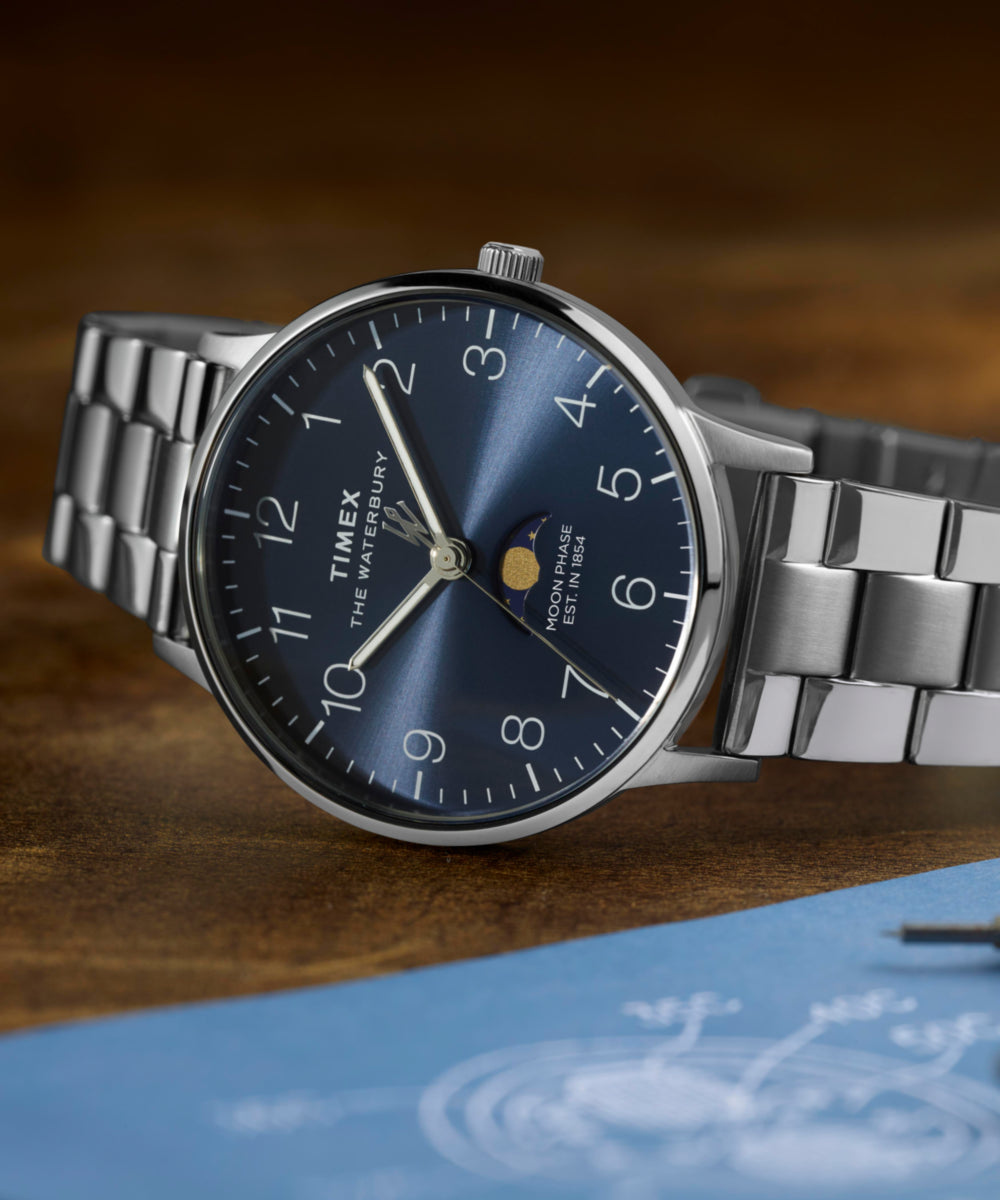 Waterbury Classic Moon Phase 40mm Stainless Steel Bracelet Watch 