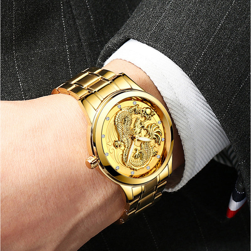 IL - Golden Stainless Steel Casual Watch Dragon Design. Waterproof. Luminous