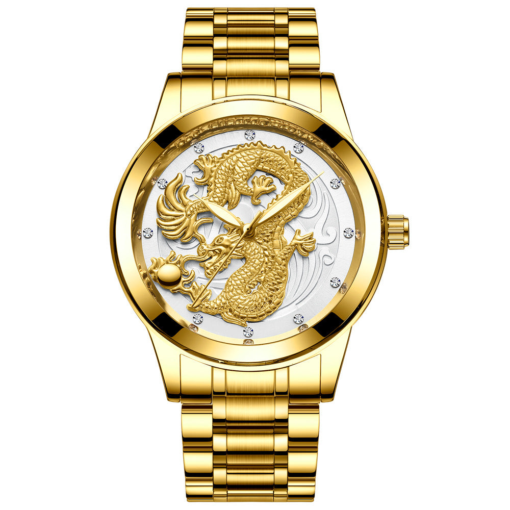 IL - Golden Stainless Steel Casual Watch Dragon Design. Waterproof. Luminous