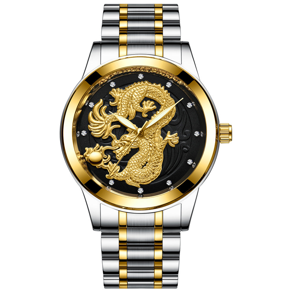 IL - Golden Stainless Steel Casual Watch Dragon Design. Waterproof. Luminous