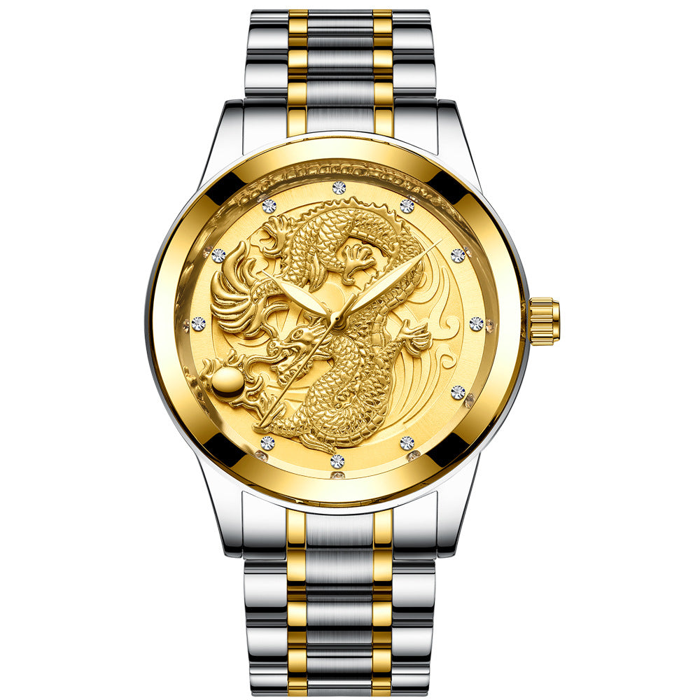 IL - Golden Stainless Steel Casual Watch Dragon Design. Waterproof. Luminous
